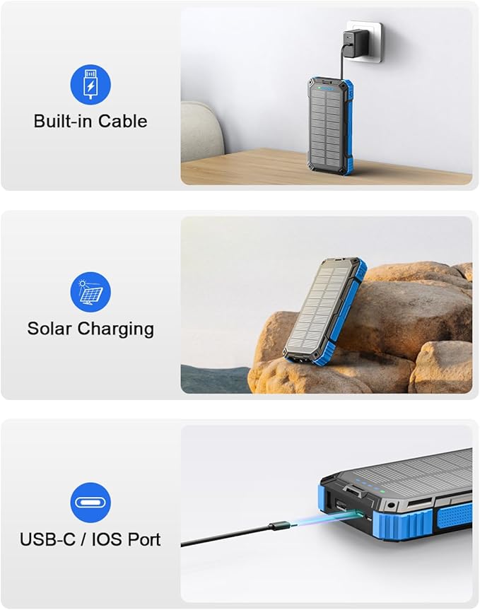 Solar Charger Power Bank, 49800mAh Wireless Portable Phone Charger, 15W QC3.0 Fast Charging External Battery Pack with 4 Built-in Cables, USB-C in/Output, with Dual Flashlights for Outdoor (Blue)