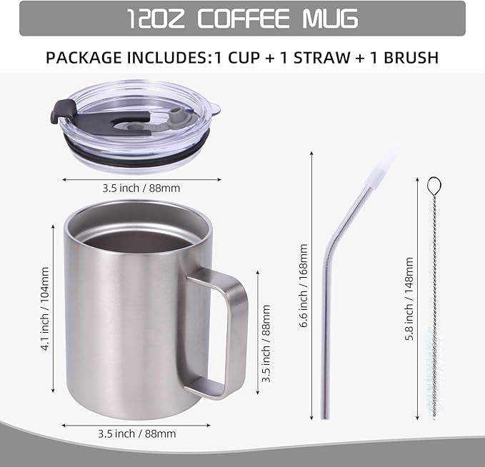 Volhoply 12oz Insulated Leakproof Coffee Mug with Flip & Straw Lid Bulk 4 Pack,Double Wall Vacuum Stainless Steel Travel Tumbler Cup with Handle,Camping Mugs Keep Cold/Hot(Silver,4 Set)