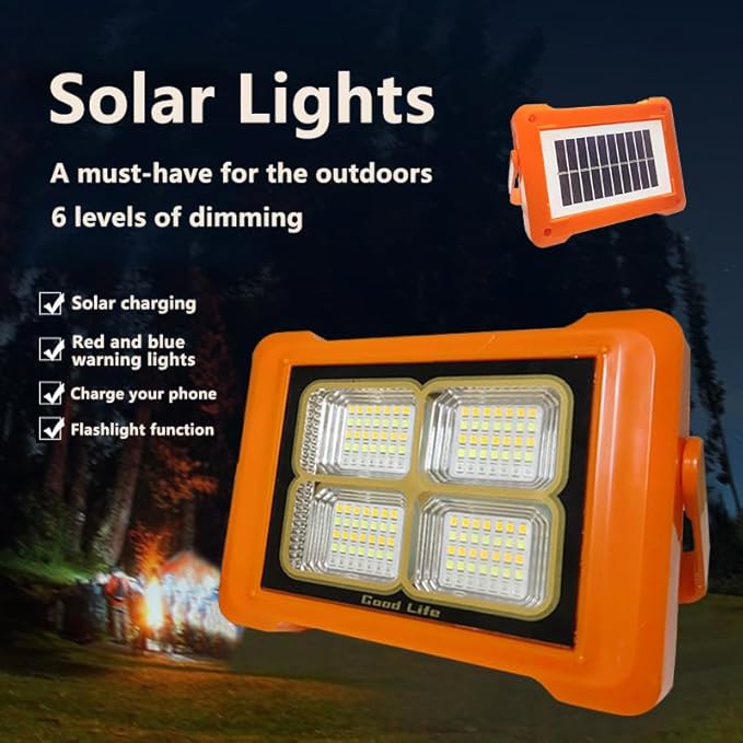 Portable LED Solar Rechargeable Work Light IP66, 6 Lighting Modes, Rechargeable Floodlight for Outdoor Power Outage Emergency, Bicycle Maintenance, Camping Hiking, Family Emergency Lights