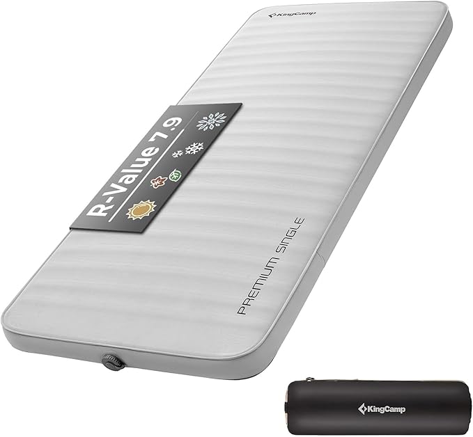 KingCamp Self Inflating Sleeping Pad, R 7.9 Air & Foam Sleeping Pad for Camping All Seasons, 3" Thick Single Camping Mattress for Camp Tent Outdoor Car, PVC Free (Lightgrey/Charcoal)