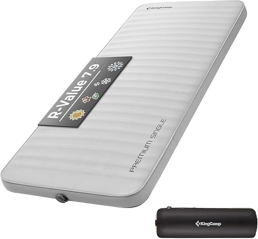 KingCamp Self Inflating Sleeping Pad, R 7.9 Air & Foam Sleeping Pad for Camping All Seasons, 3" Thick Single Camping Mattress for Camp Tent Outdoor Car, PVC Free (Lightgrey/Charcoal)