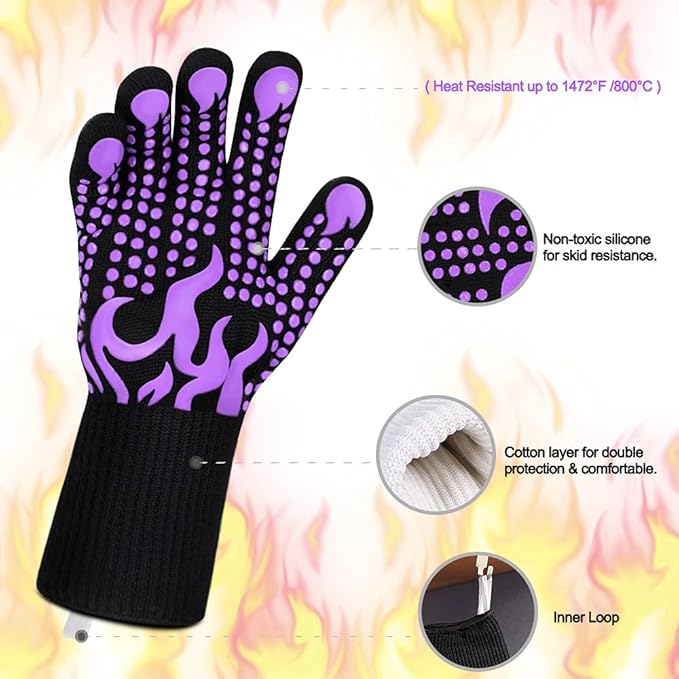 Comsmart BBQ Gloves, 1472 Degree F Heat Resistant Grilling Gloves Silicone Non-Slip Oven Gloves Long Kitchen Gloves for Barbecue, Cooking, Baking(Purple)
