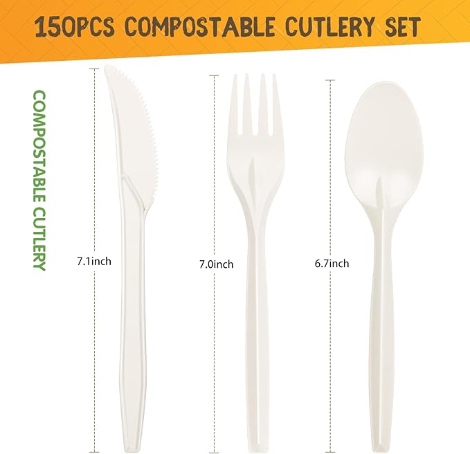 Gezond 100% Compostable Cutlery Set 150 Pack Extra Long Disposable Cutlery with 50 Forks 50 Spoons 50 Knives 7 Inch No Plastic Biodegradable Utensils for Party Wedding Camping Office Picnic