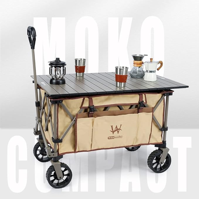 Whitsunday Folding Collapsible Wagon Cart, Beach Heavy Duty Wagon with Table,Utility Grocery Cart for Camping Sports Outdoor Shopping Park Khaki