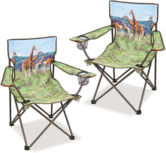 2 Pcs Animal Pattern Camping Chair,Folding Backpacking Lightweight Beach Chair w/Cup Holder,Mesh Side Pocket,Carry Bag,Portable Lawn Chair for Adults Family Outdoor Parties,Hiking,Giraffes