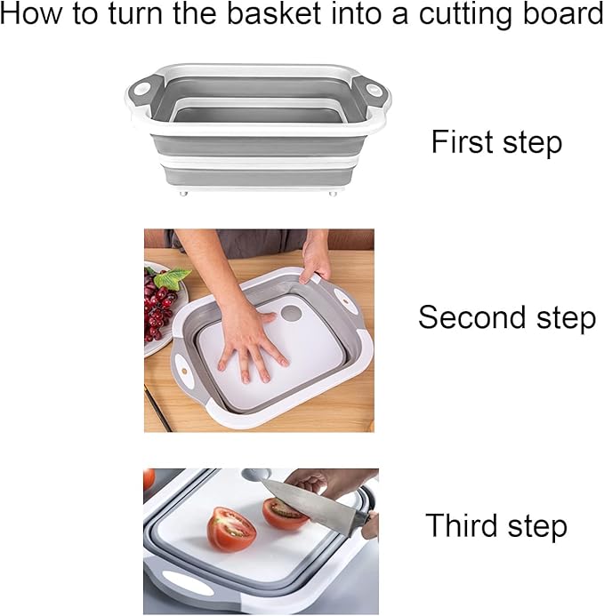 Camping Collapsible Cutting Board Dish Basin BBQ Prep Tub Camp Sink Dish Washing Station Multifunctional Storage Basket(Grey white)