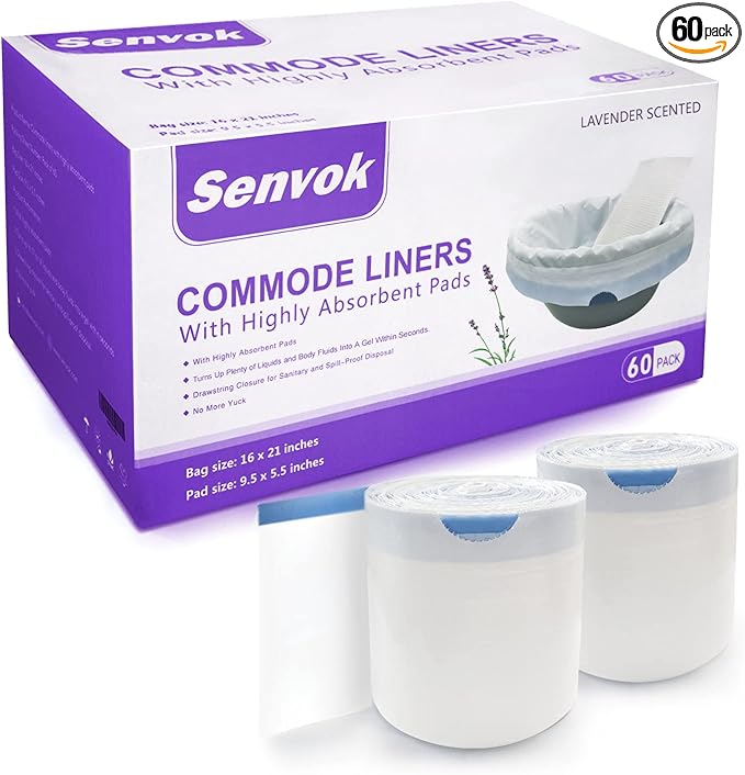 Senvok Commode Liners with Highly Absorbent Pads - 60 Pack | Lavender Scent | Leak-Proof Medical Grade Disposable Liners for Bedside Commode & Adult Toilet Care