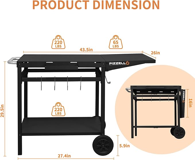 Outdoor Grill Table 44" x 26" Movable Pizza Oven Stand Foldable Double-Shelf Grill Cart Fit for 12/16inch Oven Ooni Ninja Woodfire Blackstone