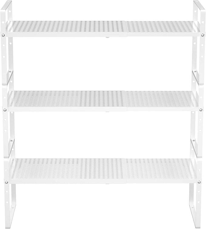 Redrubbit Expandable Cabinet Storage Shelf, Adjustable Height Steel Metal Kitchen Counter Organizers Shelves Spice Rack for Kitchen Pantry Bathroom Cupboard Desk Home Office, White-3 Pack