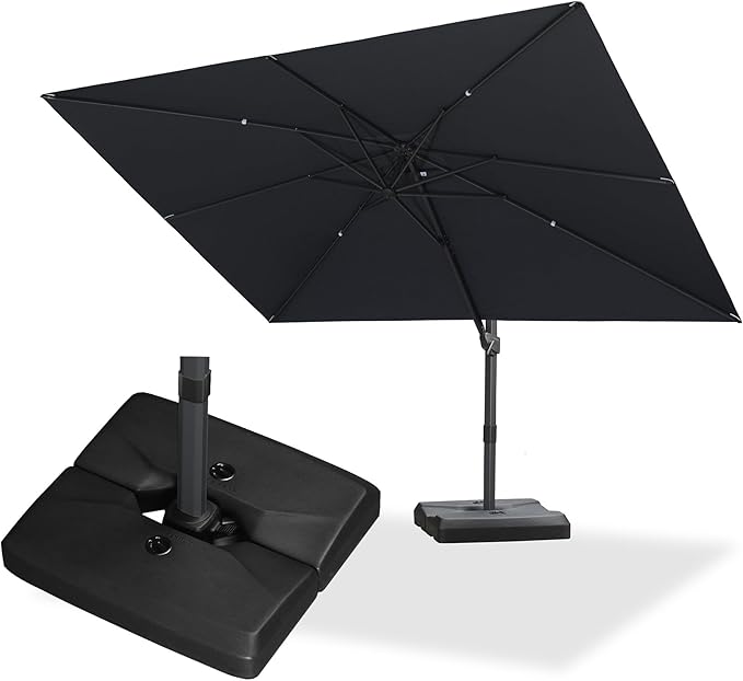 PURPLE LEAF 9' × 11.5' Patio Cantilever Umbrella with Base Outdoor Rectangle Adjustable Offset Umbrellas with 360-degree Rotation and 8 Heavy Duty Metal Ribs for Garden Deck Pool Grey