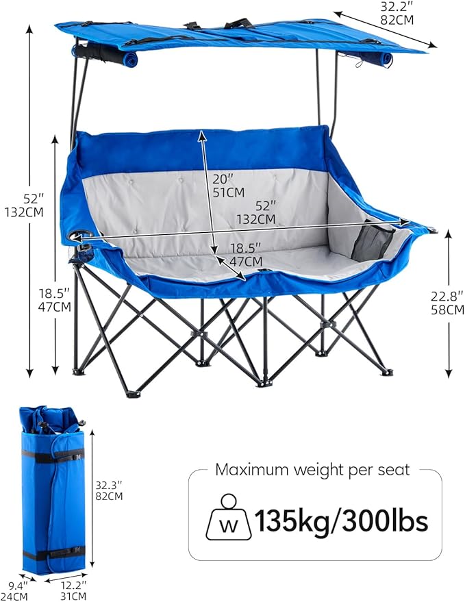 CLIPOP Double Camping Chair with Canopy, Portable Outdoor Folding Chair with Cup Holders, Side Pocket, Oversized Beach Chair with Canopy Shade for Lawn Patio Hiking, Blue