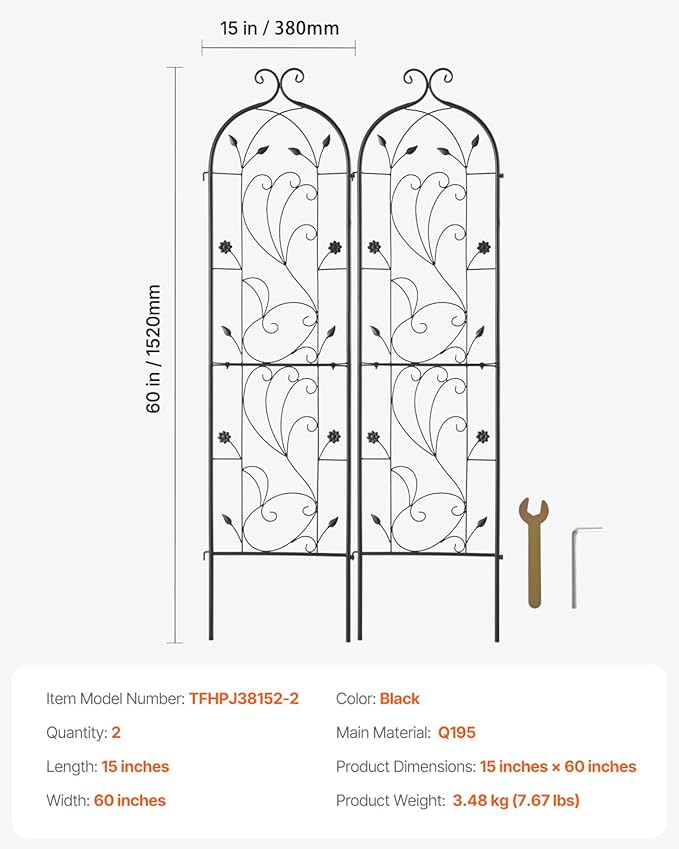 VEVOR Garden Trellis for Climbing Plants, 60 x 15 in, 2 Packs Rustproof Metal Garden Flower Trellis, Outdoor Climbing Rose Trellis Cucumbers Support, Decorative Clematis Trellis for Courtyards Lawns