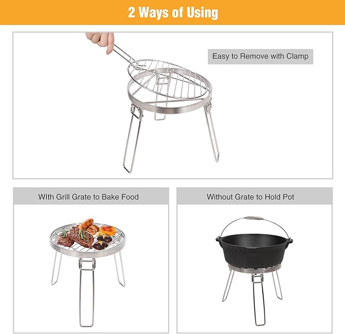 Lineslife Folding Campfire Tripod for Cooking, Portable Camping Tripod Stand with Grill Grate for Solo Stove Bonfire Fire Pit, Dutch Oven, Open Fire, Stainless Steel