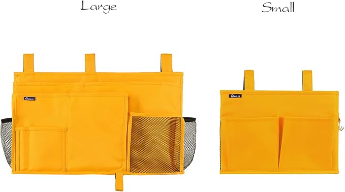 Surblue Bedside Caddy Hanging Bed Organizer Storage Bag Pocket for Bunk and Hospital Beds, College Dorm Rooms Baby Bed Rails, Camp 4 Pockets and 2 Hooks (Small, Yellow)