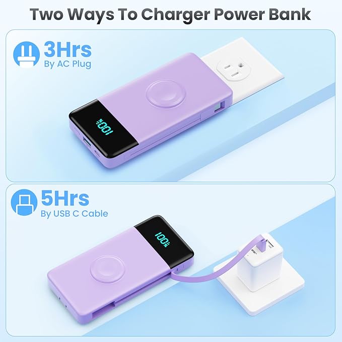 Portable Charger for iPhone with Built in Cables & Wall Plug,6-in-1 10800mah Power Bank with iWatch Charger,22.5W PD Fast Charging LCD Display Battery Pack for iPhone 16/15,Android,Apple Watch-Purple