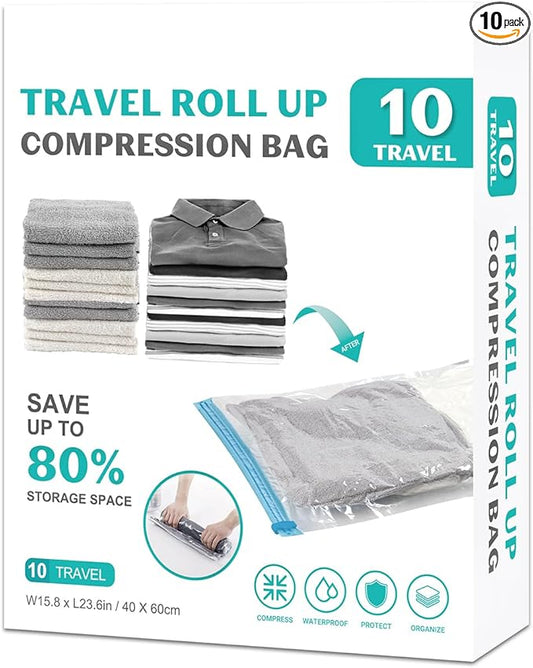10 Pack Space Saver Vacuum Storage Bags Travel Vacuum Bags for Luggage Clothing Compression Bags for Travel Essentials No Vacuum or Pump Needed