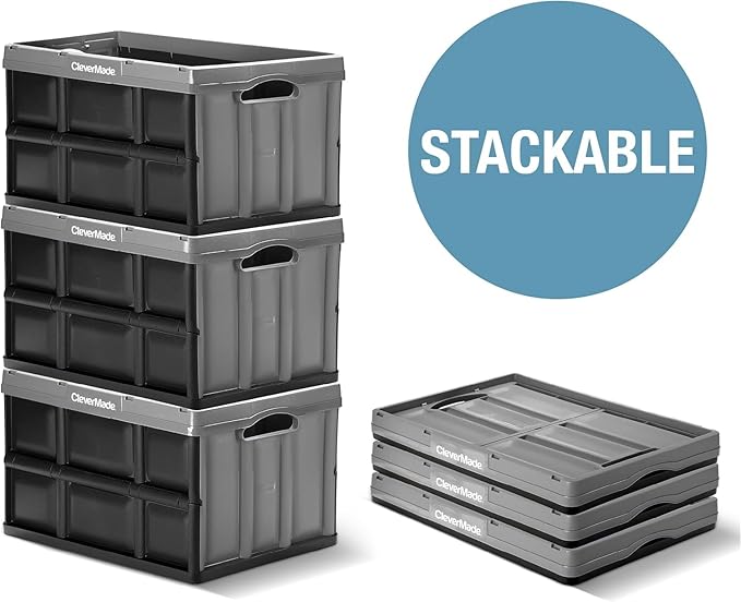 CleverMade Collapsible Storage Bins - Stone 3 Pack 46L - Stackable Containers Heavy Duty Capacity Folding Crates - Space-Saving for Home