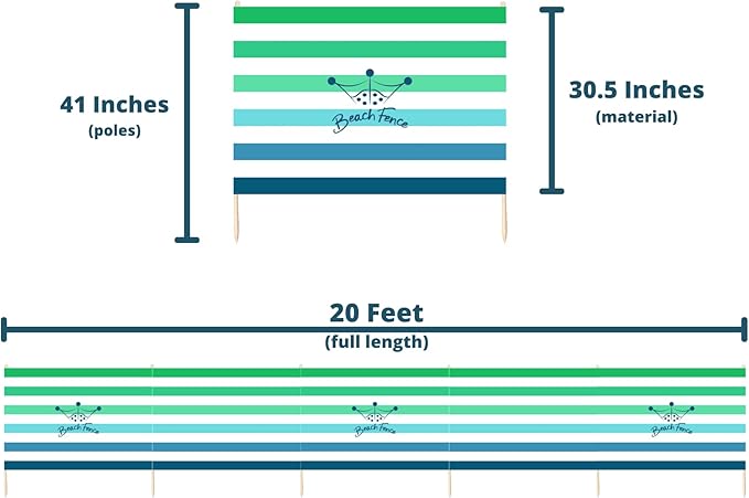 Premium 20 ft Beach Windscreen, Privacy Screen, Wind Blocker - Emerald Blue, Free Rubber Mallet and Carry Bag Included