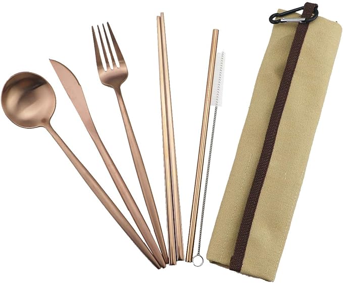 Gugrida Reusable Travel Utensils, 7 Piece Portable 304 Stainless Steel including Knife Fork Spoon Chopsticks Cleaning Brush Straws Portable Pouch, Eco-friendly Camping Silverware Set, Dishwasher Safe