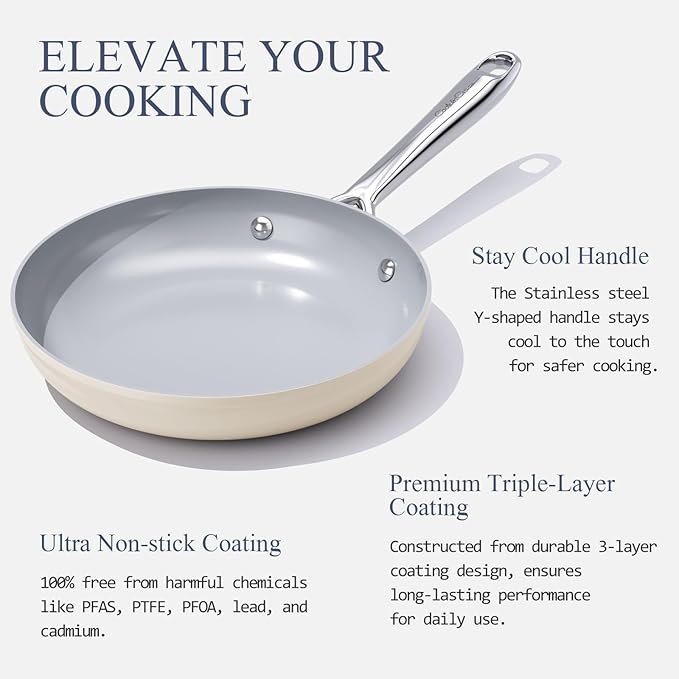 Nonstick Ceramic Frying Pan 8 Inch for Induction Cooktop - Non Toxic, PTFE/PFOA/PFAS Free, Oven & Dishwasher Safe up to 500°F - Non Stick Small Egg Skillet with Stay-Cool Handle - Cream