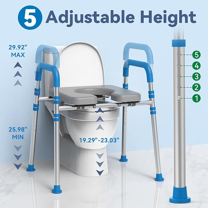Raised Toilet Seat with Handles, Padded Toilet Seat Risers for Seniors, Adjustable Height & Width Toilet Riser, Handicap Elevated Toilet Seat 500lb, Fit Any Toilet