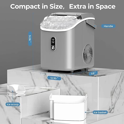 Nugget Ice Maker Countertop, 35.5Lbs/24Hrs Chewable Sonic Ice Machine with Self-Cleaning, Handle, Water Tank, Quiet Operation & Portable Pellet Ice Maker for Home, Office, Kitchen, Bar, Grey