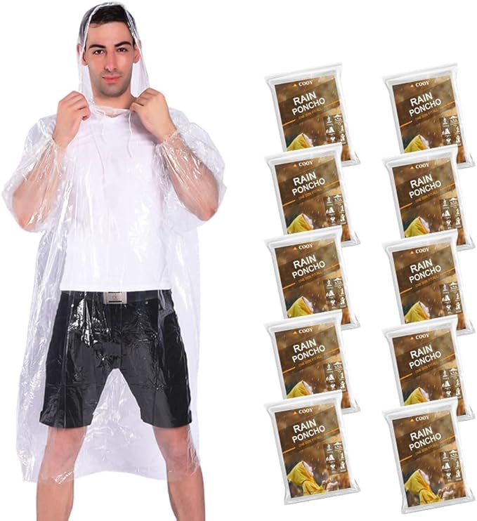 Rain Ponchos,with Drawstring Hood （10 Pack） Emergency Disposable Rain Ponchos Family Pack for Adults,Clear