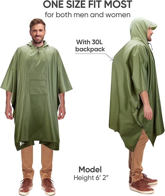 PTEROMY Hooded Rain Poncho for Adult with Pocket, Waterproof Lightweight Unisex Raincoat for Hiking Camping Emergency