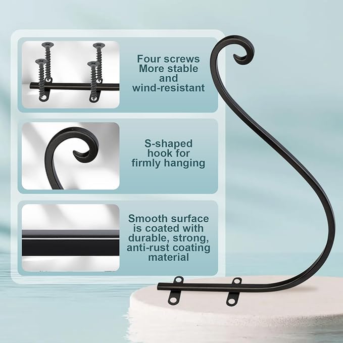 Plant Hangers Outdoor, 4 Pack 16 Inch Plant Hooks with 12 Chains for Wall Metal Plants Hanging Bracket for Bird Feeder, Flower Baskets, Wind Chimes, Lanterns, Indoor Outdoor, Black