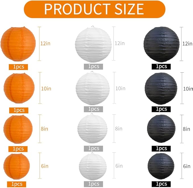 BEISHIDA 12Pcs Orange Black White Paper Lanterns Decorative Chinese/Japanese Hanging Round Paper Lanterns Lamp for Halloween，Birthday, Wedding, Christmas, Bridal,Home Decor, Party Decoration