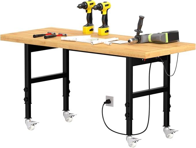 60" Adjustable Height Workbench with Wheels, Heavy-Duty Solid Wood Work Table with Power Outlets, 2000 LBS Capacity Workstation for Garage, Workshop(60" X 24")
