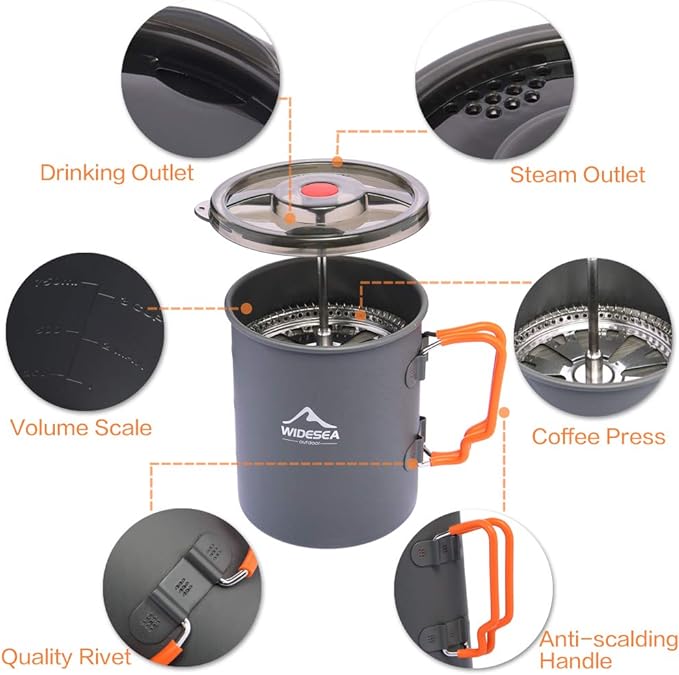 widesea Camping Coffee Pot 750ML, French Press Coffee Maker,Lightweight Backpacking Pot with Collapsible Handle For Camping,Hiking,Fire Cooking