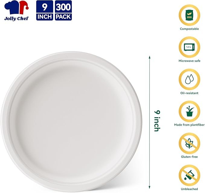 JOLLY CHEF Compostable Heavy Duty Plates 9 Inch [300 Pack] Eco-Friendly Disposable Natural Paper Plates Bagasse Biodegradable Bulk for Party Dinner Sugarcane Fibers Round 300 Count(White)