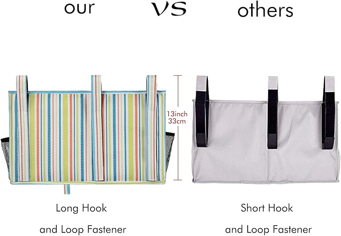 Surblue Bedside Caddy Hanging Bed Organizer Storage Bag Pocket for Bunk and Hospital Beds, College Dorm Rooms Baby Bed Rails, Camp 8 Pockets, (Large, Green Stripe)