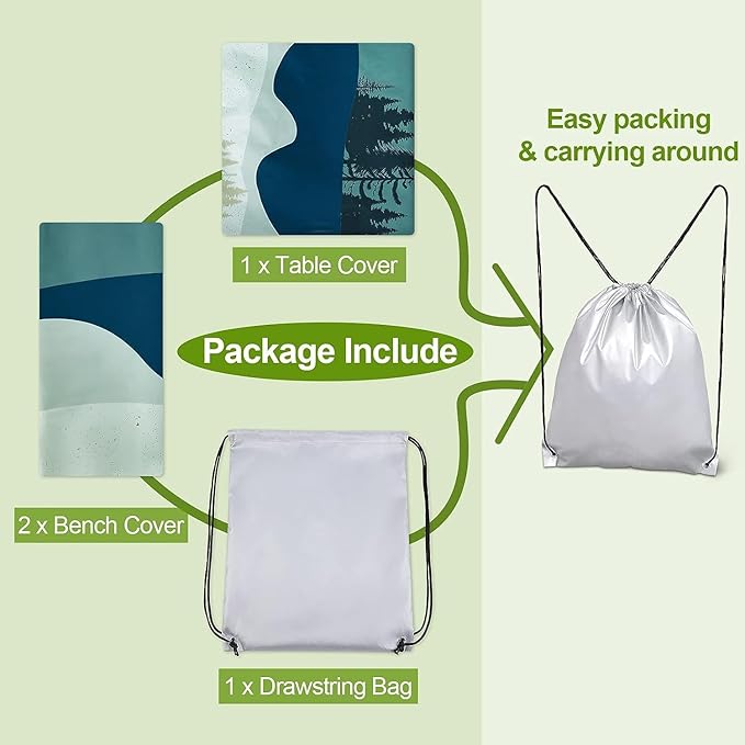 Picnic Table Cover with Bench Covers Camping Essentials Waterproof Windproof Camping Tablecloth with Drawstring Bag, Fitted Rectangle Tables and Seats, 60in, Green Blue