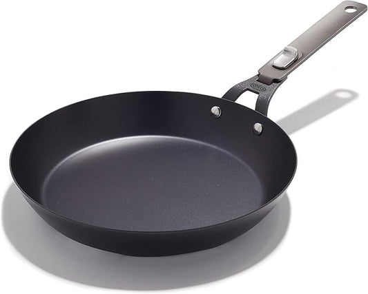 OXO Outdoor Pre-Seasoned Carbon Steel 10" Frying Pan Skillet, Detachable Handle for Easy Storage, Indoor Use, Nonstick with Use, Induction Suitable,Oven & Broiler Safe,Browning, Grill,Sear,Saute,Black