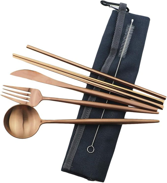 Gugrida Reusable Travel Utensils, 7 Piece Portable 304 Stainless Steel including Knife Fork Spoon Chopsticks Cleaning Brush Straws Portable Pouch, Eco-friendly Camping Silverware Set, Dishwasher Safe