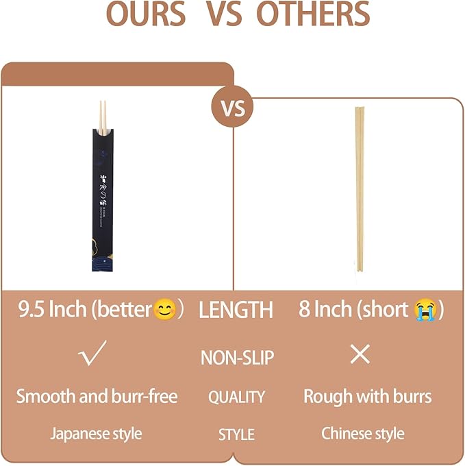 100 pairs Disposable Bamboo Chopsticks, 9.5 Inch Japanese Style Double Pointed Sleeved and Separated Chop sticks for Sushi & Asian Dishes