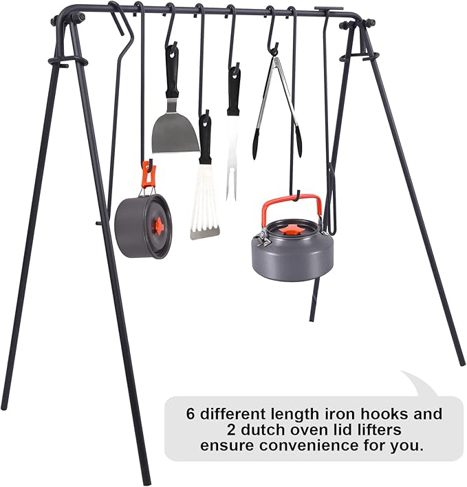REDCAMP Swing Campfire Grill Stand - Collapsible Campfire Cooking Rack with 6 Hooks & Stainless Steel Grill Grate, Portable Dutch Oven Hanger for Outdoor Camping, Cookware, Bonfire, Rectangle ﻿