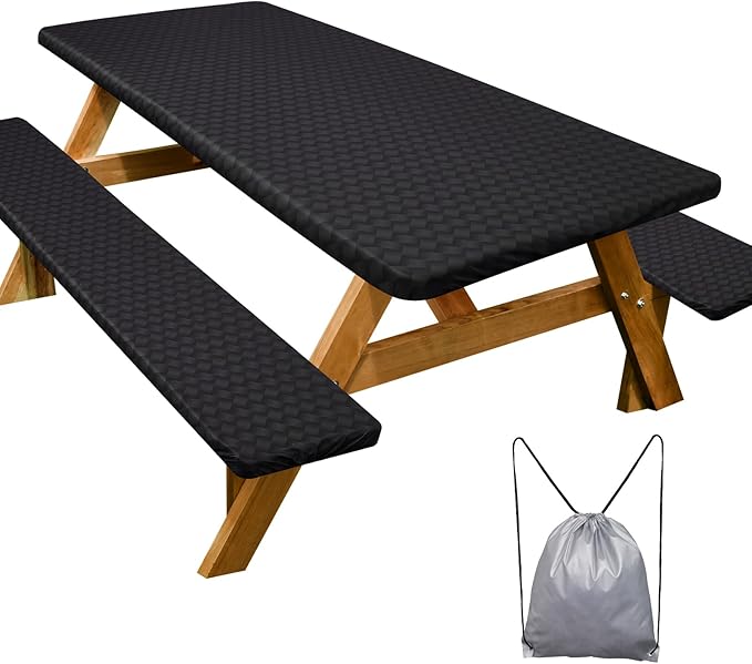 Picnic Table Cover with Bench Covers Camping Essentials Waterproof Windproof Camping Tablecloth with Drawstring Bag, Fitted Rectangle Tables and Seats, 72in, Black