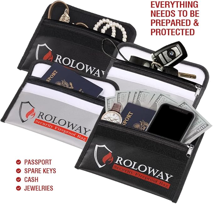 ROLOWAY Small Fireproof Bag (5 x 8 inches), Non-Itchy Fireproof Money Bag, Fireproof Cash Bag, Fireproof Envelope Bag for Cash, Passport, Currency & Keys (4-Pack)