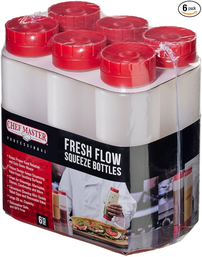 Chef Master Squeeze Bottles for Sauces (6-Pack) - Fill & Flip, Refillable 16 Oz. - Condiment Squeeze Bottles for Liquids, Sauces, Batter & Dressing - Made for Restaurants, Diners & Food Trucks - 90291
