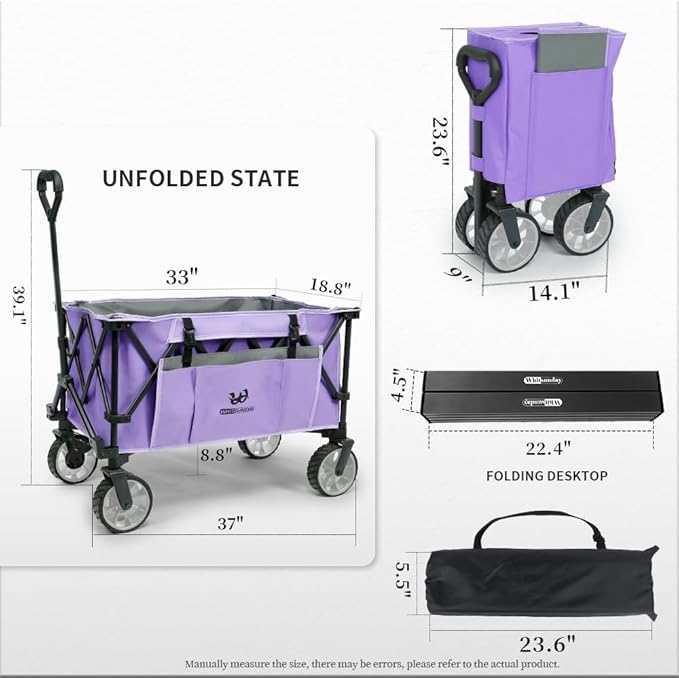 Whitsunday Folding Collapsible Utility Wagon, 400Lbs Heavy Duty Outdoor Park Beach Wagon with Table and Side Pocket for Garden Camping Sports Shopping Purple