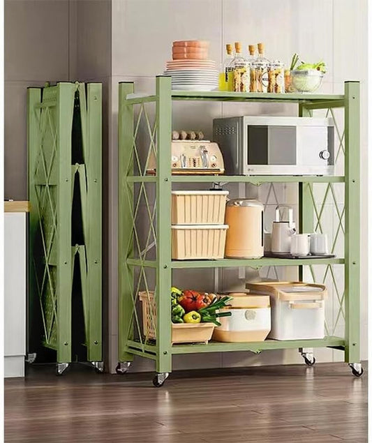 4-Tire Storage Rack, 28 * 13 * 50in Foldable Metal Garage Storage Shelves Organizer, Portable Metal Kitchen Shelving, Closet Shelving Unit Bakers Rack Microwave Stand, Green(Tiered Shelf-4)