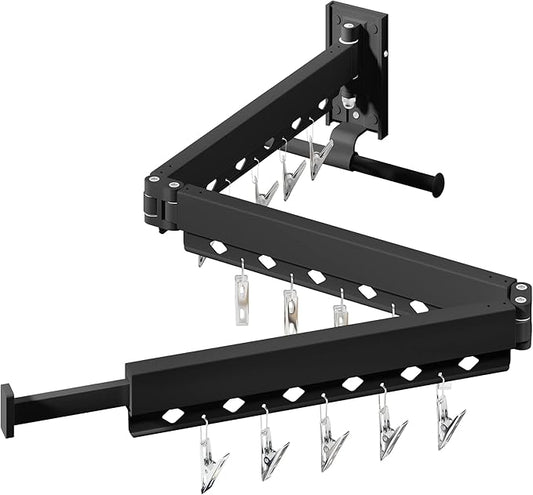 Wall Mounted Clothes Hanger,Clothes Drying Rack,Laundry Drying Rack,Clothes Rack,Laundry Rack Wall Mount,Retractable Collapsible Drying Rack Clothing (Windproof Holes,with Clips),Black