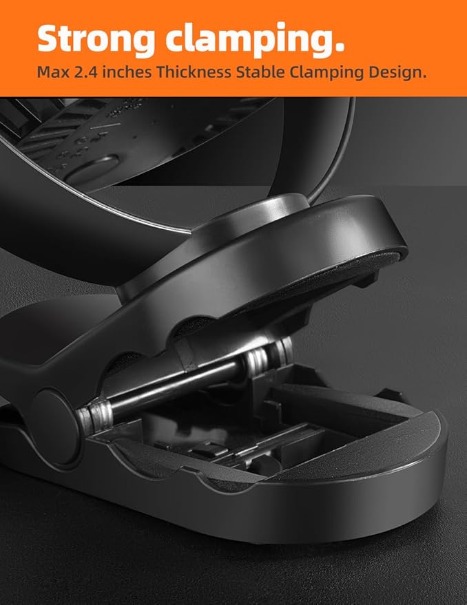 6'' Clip Fan, Portable Clamp Fans with Hanging Hook, 5000mAh Rechargeable Battery Fan, 3 Speeds, 720° Rotation, Quiet, Strong Grip Clamp, 7-30 Working Hours for Camp Stroller Bed - Black