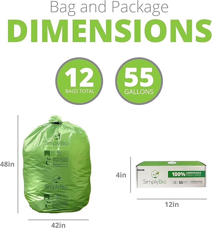 50-55 Gallon Compostable Trash Bags Flat-Top, Heavy Duty Extra Thick 1.57 Mil, 208.2 Liter, 12 Bags, Large Lawn and Yard Waste Bag, ASTM D6400, US BPI and OK Compost Home Certified