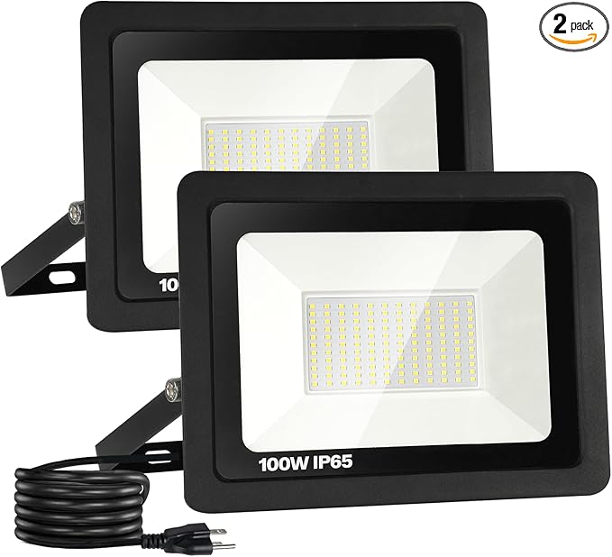 2 Pack Outdoor Flood Light, 10000LM Super Bright LED Work Light with 5.9FT Plug, IP65 Waterproof 6000K Daylight White LED Flood Light with 180°Adjustable Bracket for Garage, Yard