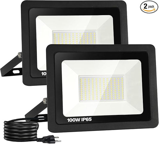 2 Pack Outdoor Flood Light, 10000LM Super Bright LED Work Light with 5.9FT Plug, IP65 Waterproof 6000K Daylight White LED Flood Light with 180°Adjustable Bracket for Garage, Yard