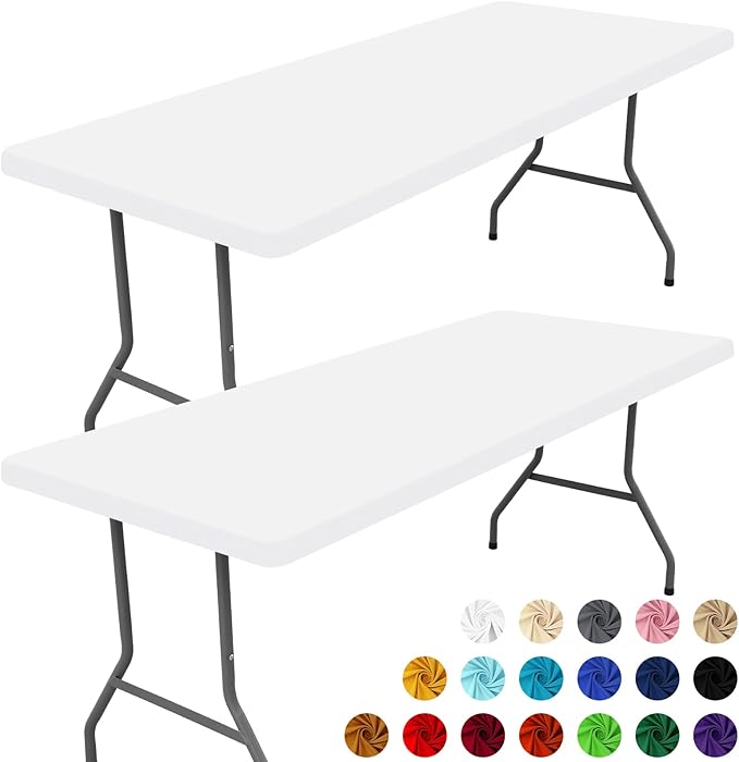 Spandex Picnic Table Cloth 2 Pack, Elastic Fitted Tablecloths for 6 Foot Rectangle Tables, Stretch Washable Patio Table Cover for Outdoor, Camping, Banquet and Parties (White, 30"x72")